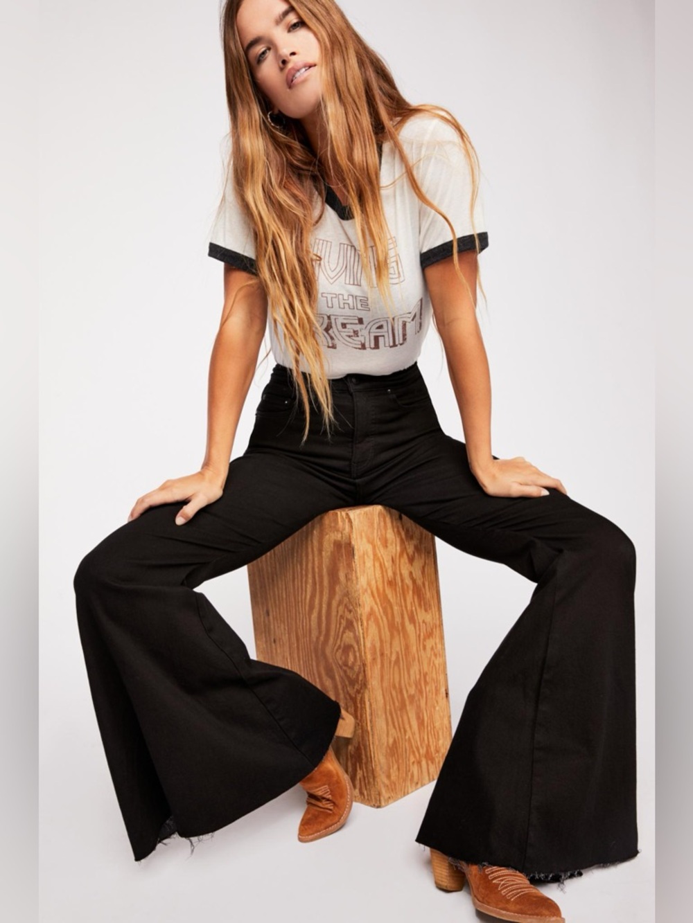 Free People CRVY Super High Rise Lace Up Flare Jeans Wide Leg Black Sze 29 Boho